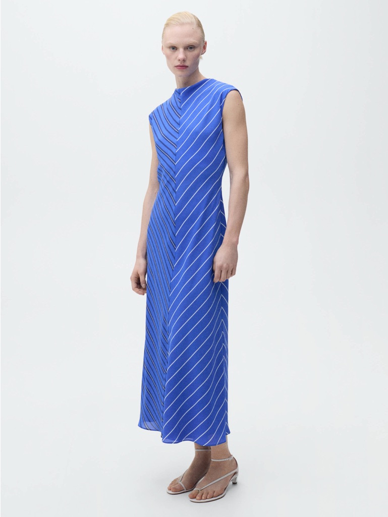 Mango Chevron Stripe A-Line Dress In Blue Size Small New Nwt